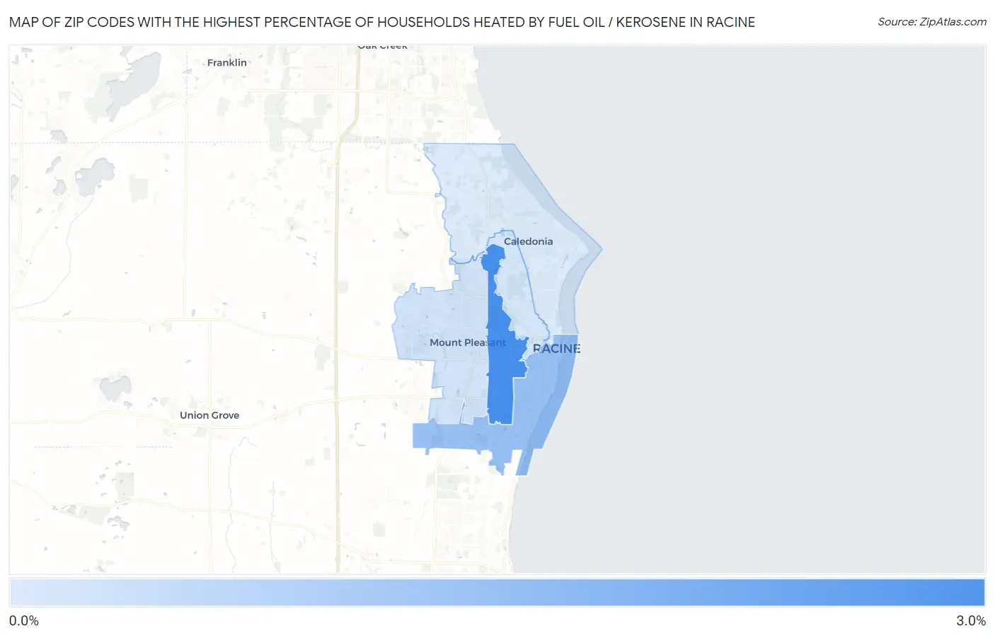 Zip Codes with the Highest Percentage of Households Heated by Fuel Oil / Kerosene in Racine Map