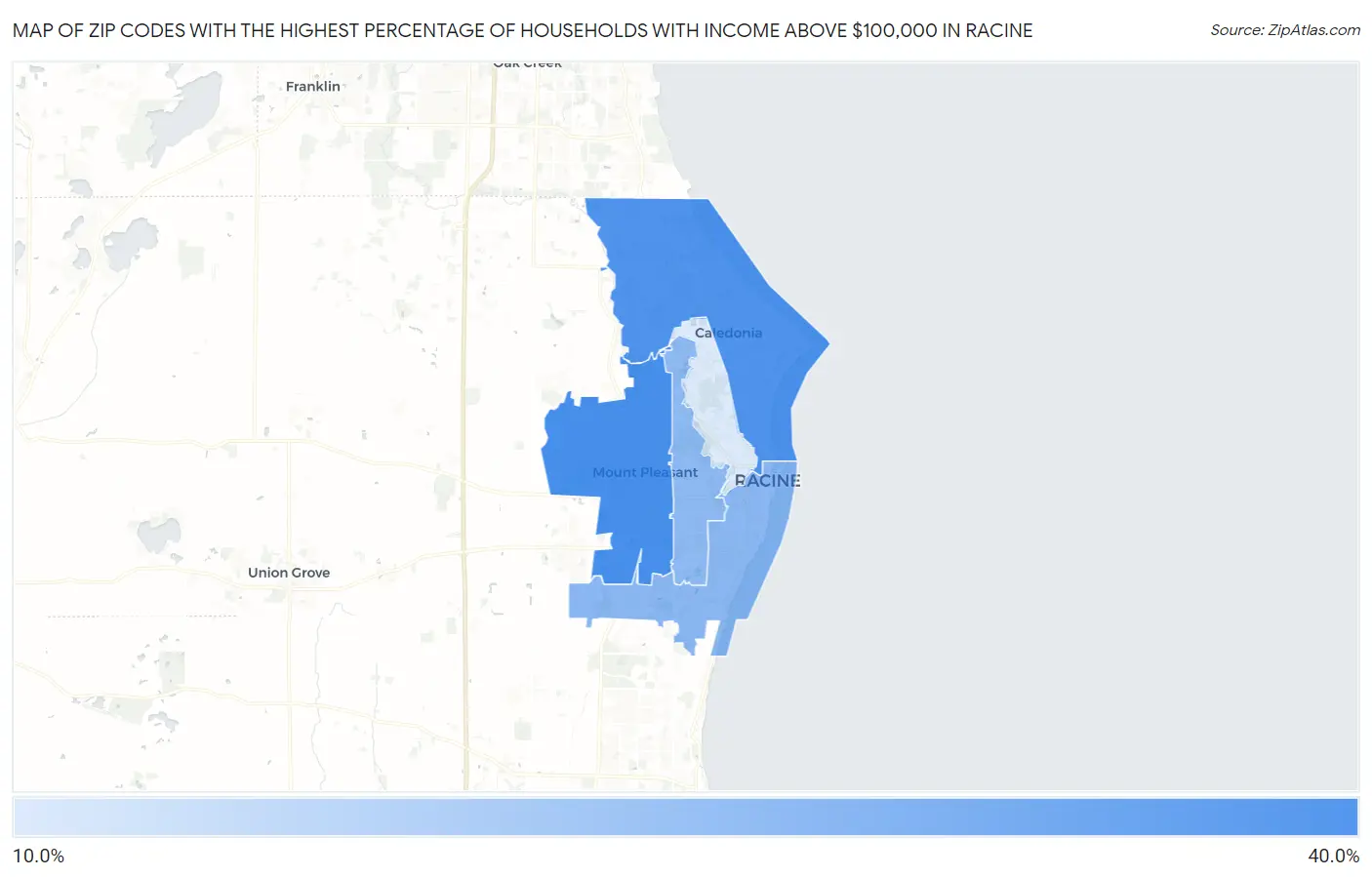Zip Codes with the Highest Percentage of Households with Income Above $100,000 in Racine Map