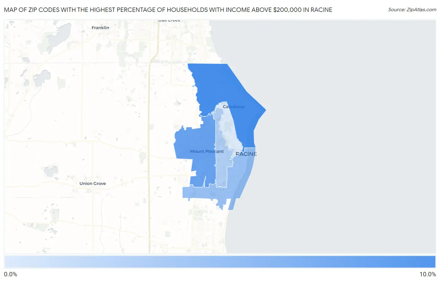 Zip Codes with the Highest Percentage of Households with Income Above $200,000 in Racine Map
