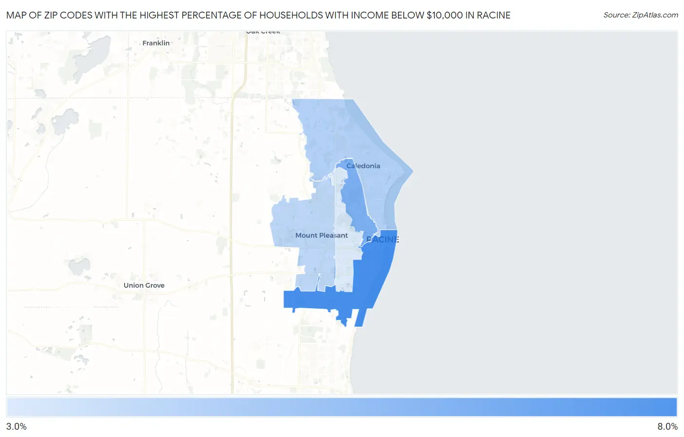 Zip Codes with the Highest Percentage of Households with Income Below $10,000 in Racine Map