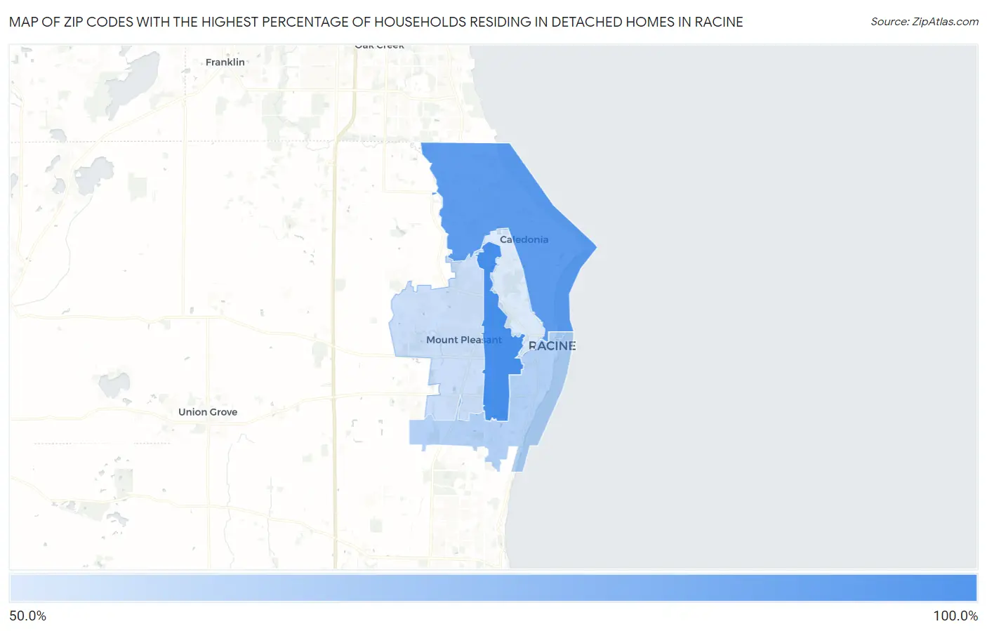 Zip Codes with the Highest Percentage of Households Residing in Detached Homes in Racine Map