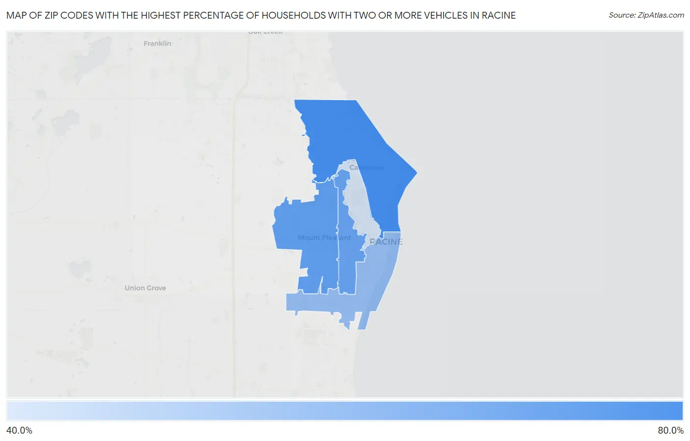 Zip Codes with the Highest Percentage of Households With Two or more Vehicles in Racine Map