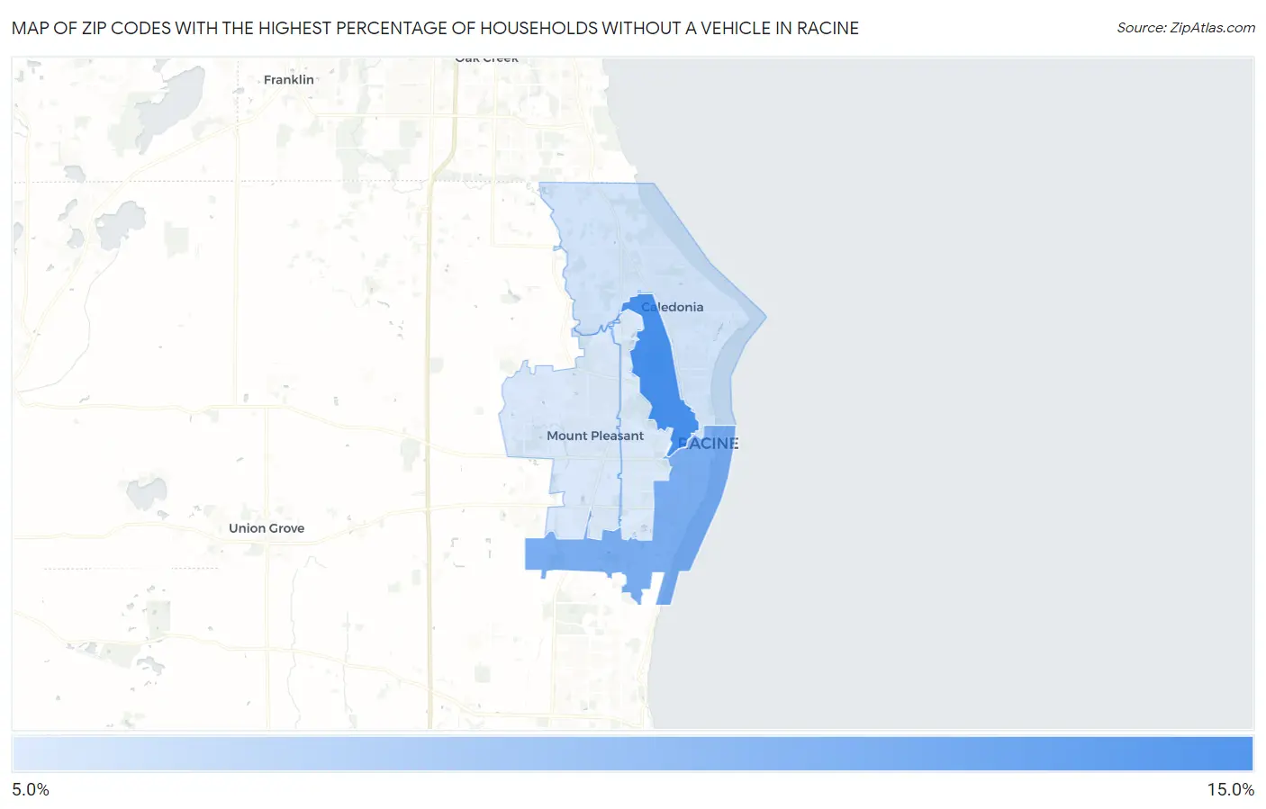 Zip Codes with the Highest Percentage of Households Without a Vehicle in Racine Map