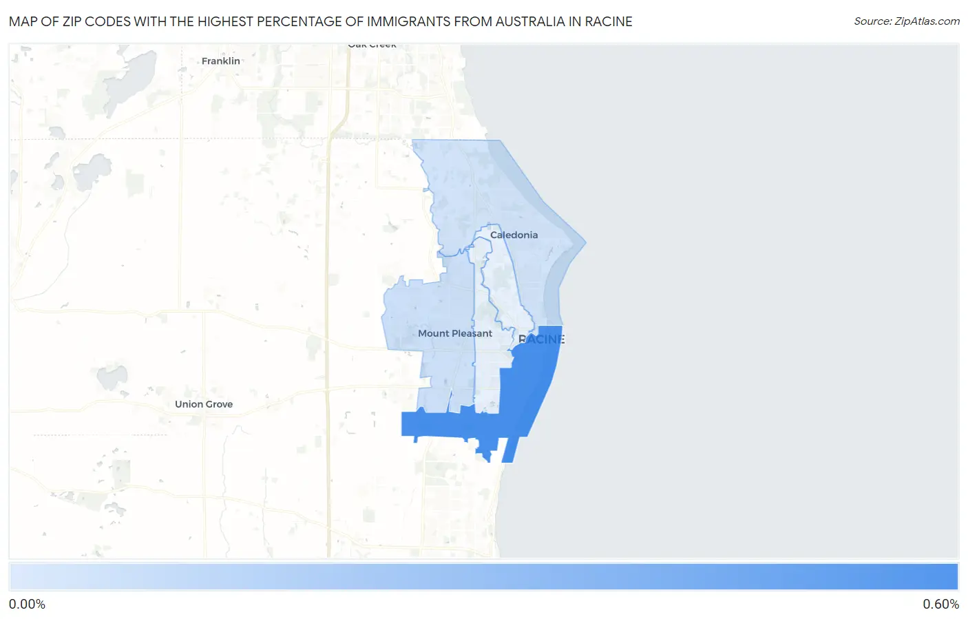 Zip Codes with the Highest Percentage of Immigrants from Australia in Racine Map