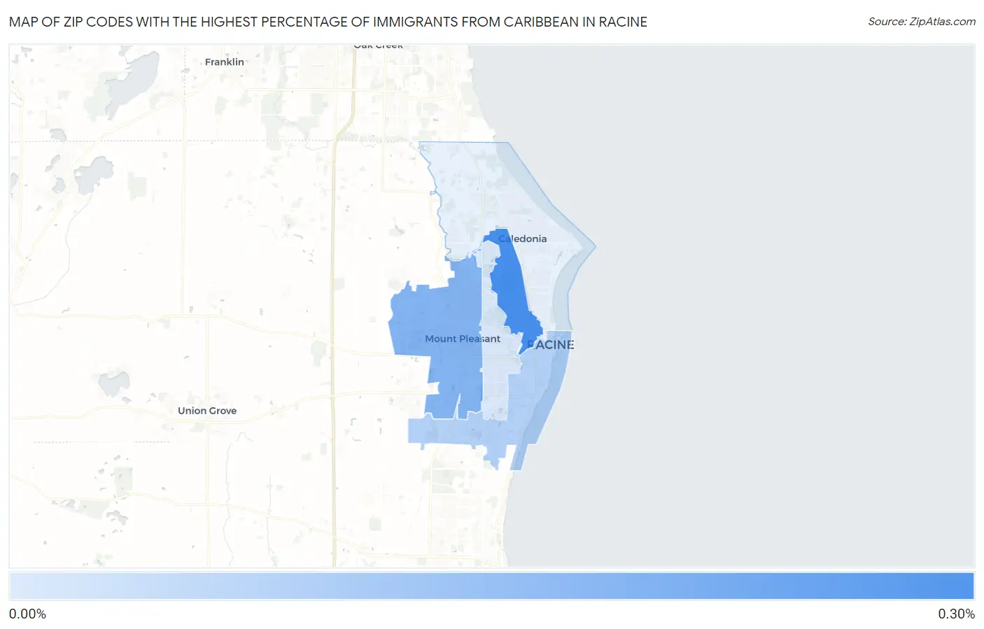 Zip Codes with the Highest Percentage of Immigrants from Caribbean in Racine Map
