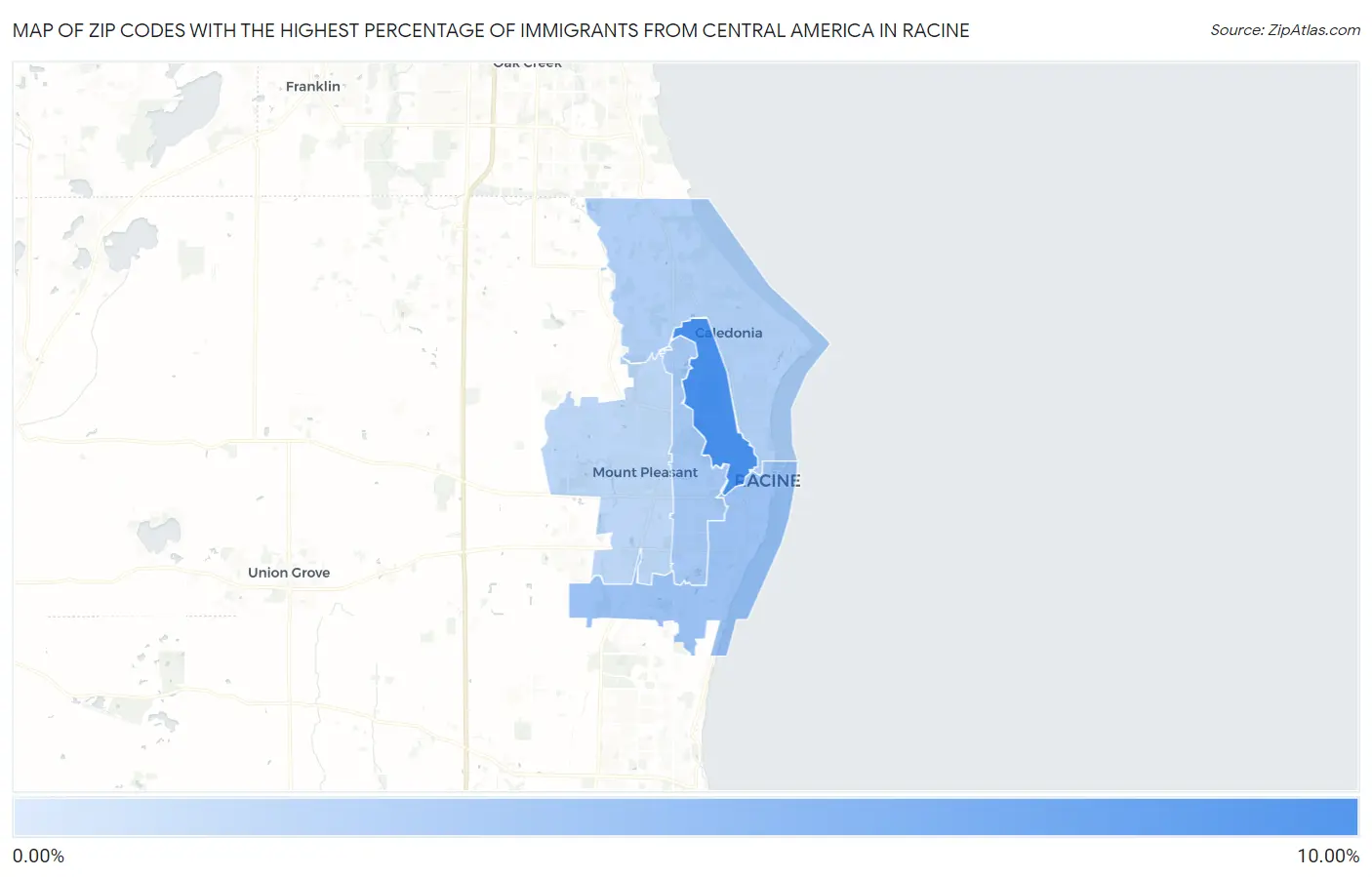 Zip Codes with the Highest Percentage of Immigrants from Central America in Racine Map