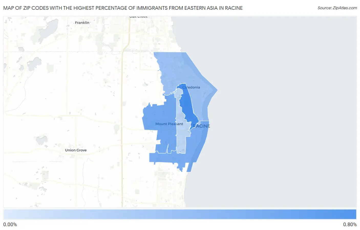 Zip Codes with the Highest Percentage of Immigrants from Eastern Asia in Racine Map