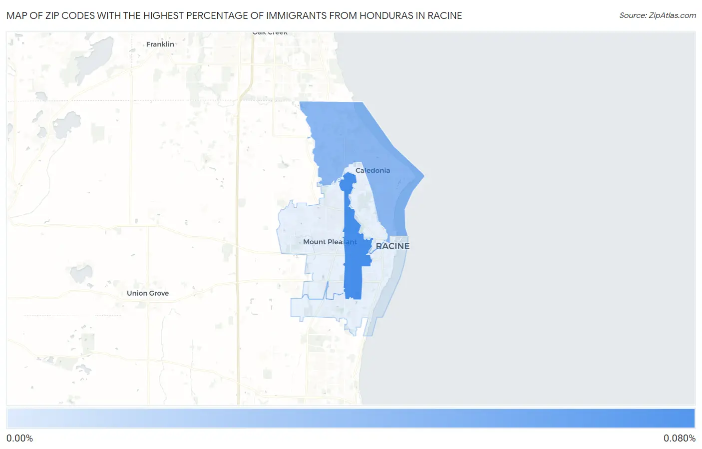 Zip Codes with the Highest Percentage of Immigrants from Honduras in Racine Map