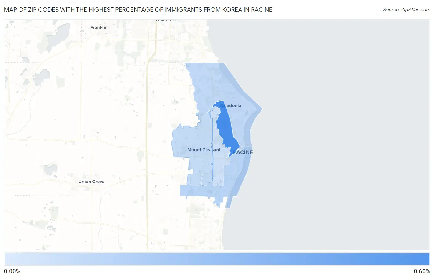Zip Codes with the Highest Percentage of Immigrants from Korea in Racine Map