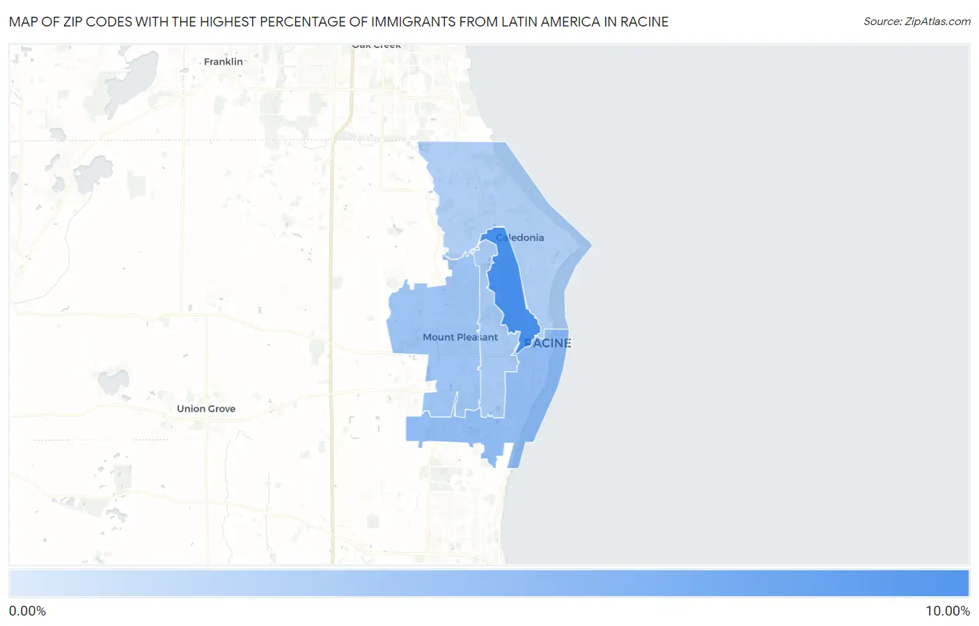 Zip Codes with the Highest Percentage of Immigrants from Latin America in Racine Map