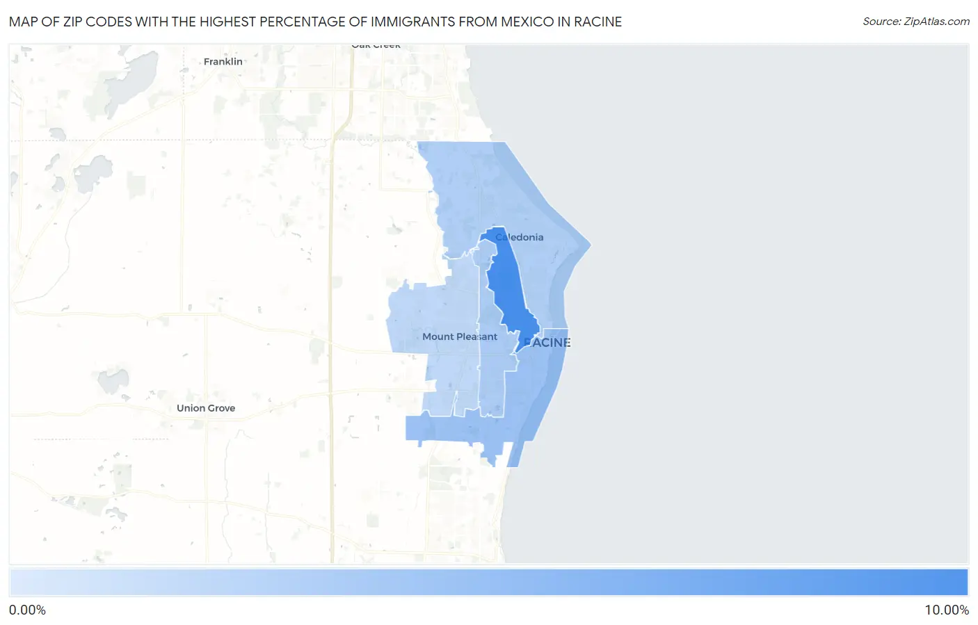 Zip Codes with the Highest Percentage of Immigrants from Mexico in Racine Map