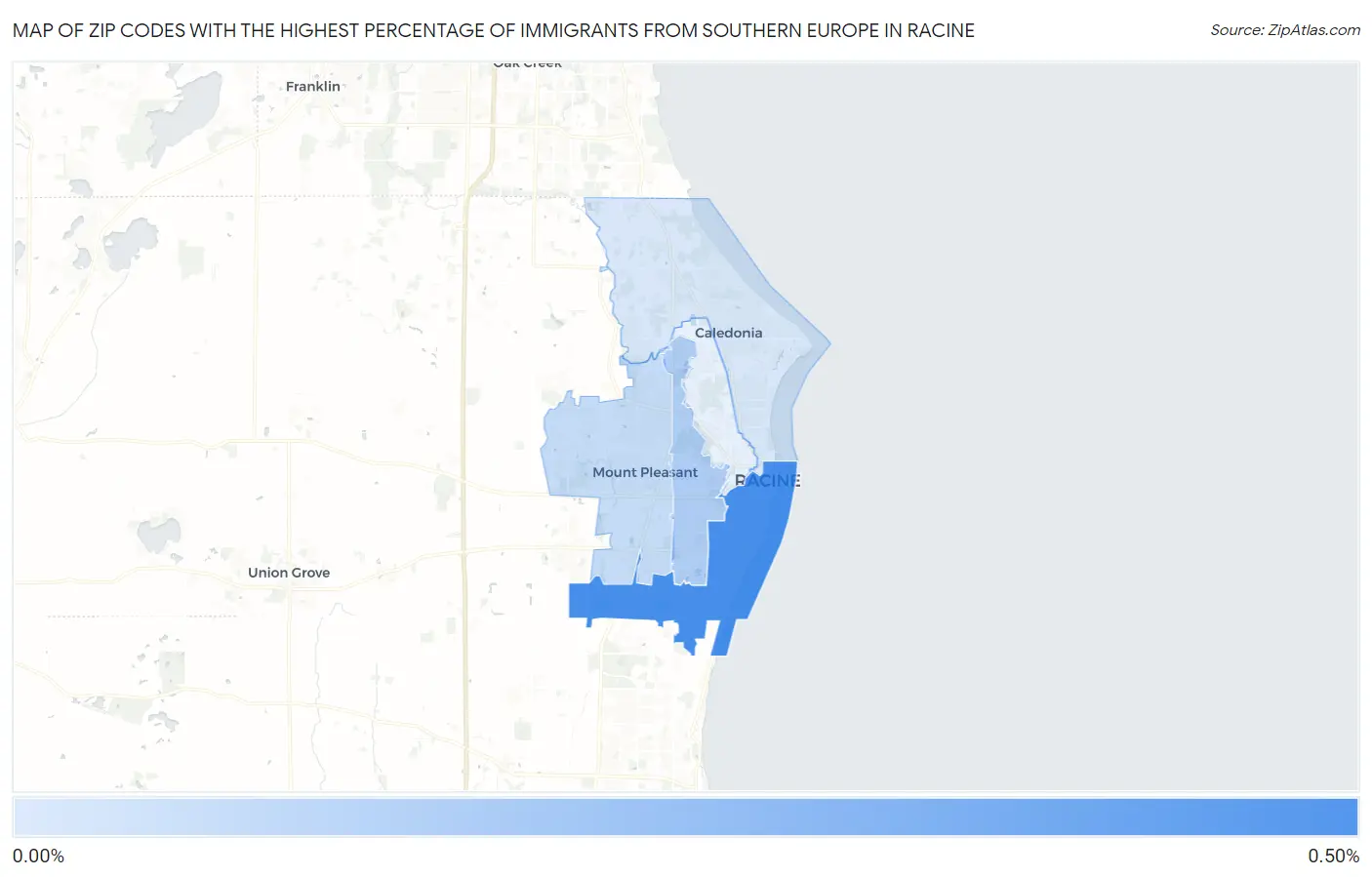 Zip Codes with the Highest Percentage of Immigrants from Southern Europe in Racine Map