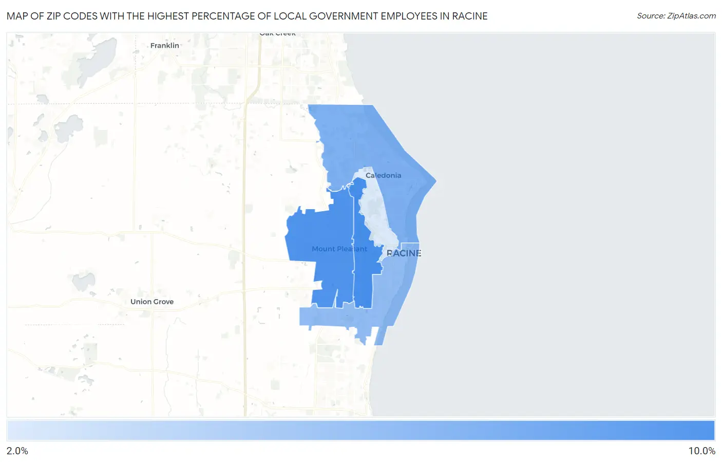 Zip Codes with the Highest Percentage of Local Government Employees in Racine Map