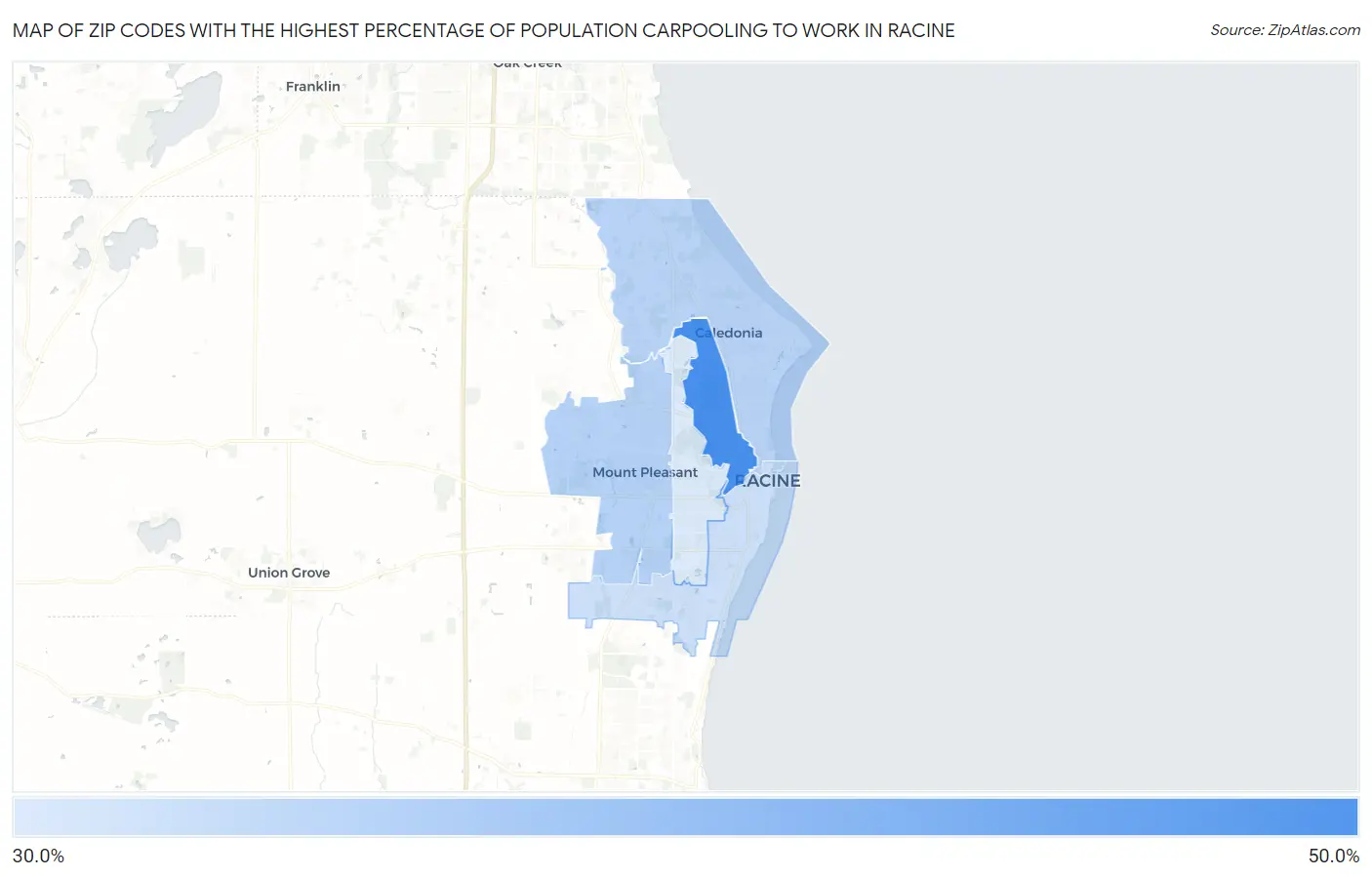 Zip Codes with the Highest Percentage of Population Carpooling to Work in Racine Map