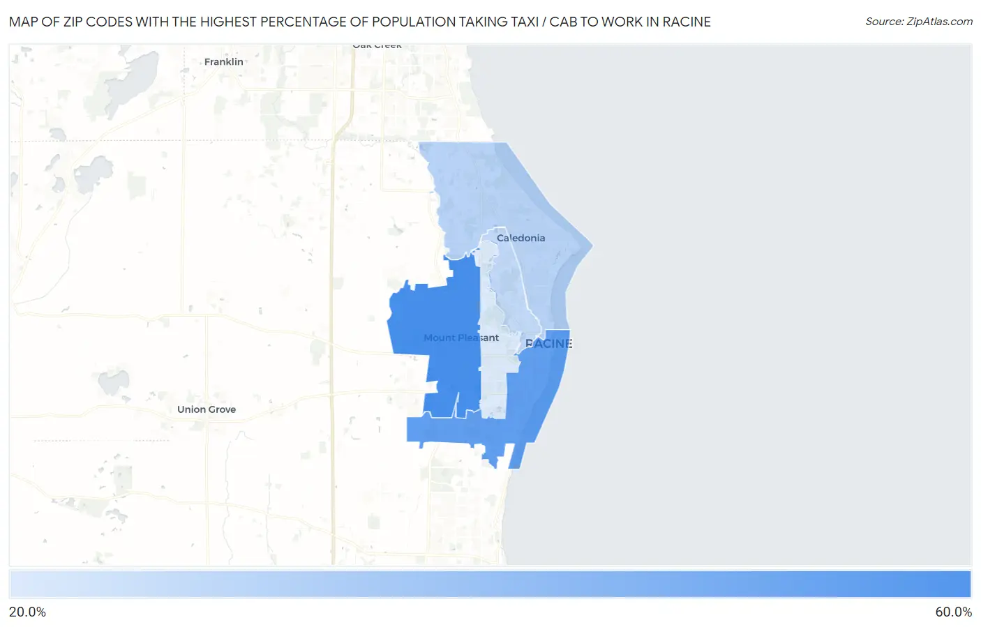 Zip Codes with the Highest Percentage of Population Taking Taxi / Cab to Work in Racine Map
