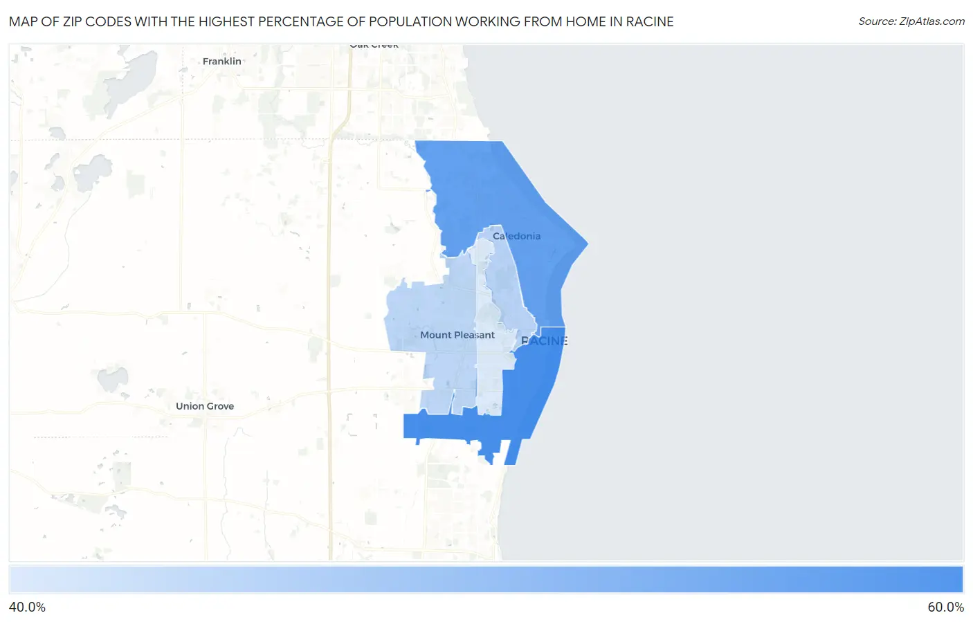 Zip Codes with the Highest Percentage of Population Working from Home in Racine Map