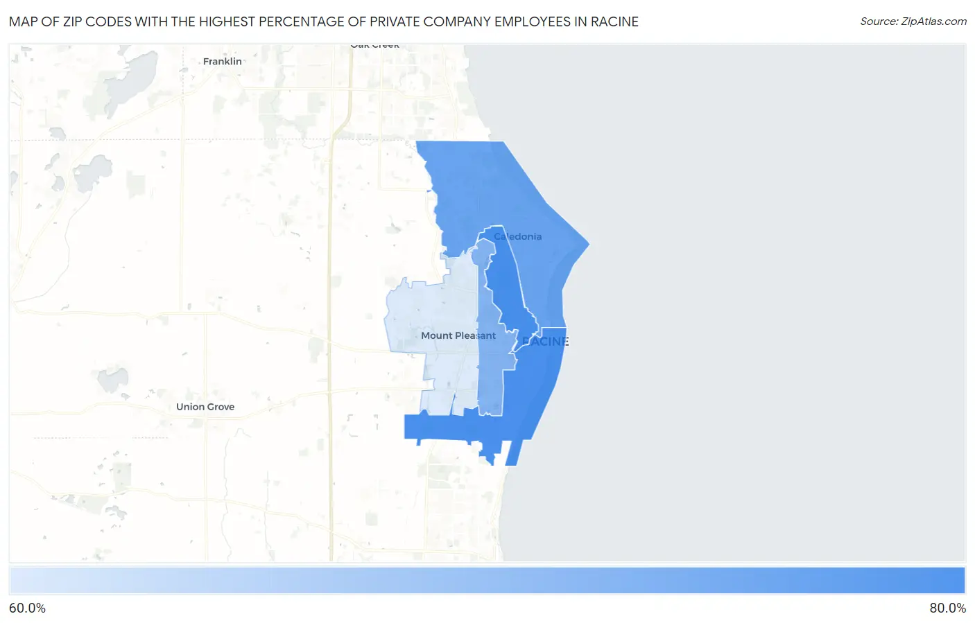 Zip Codes with the Highest Percentage of Private Company Employees in Racine Map
