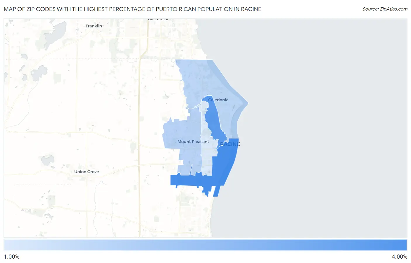 Zip Codes with the Highest Percentage of Puerto Rican Population in Racine Map