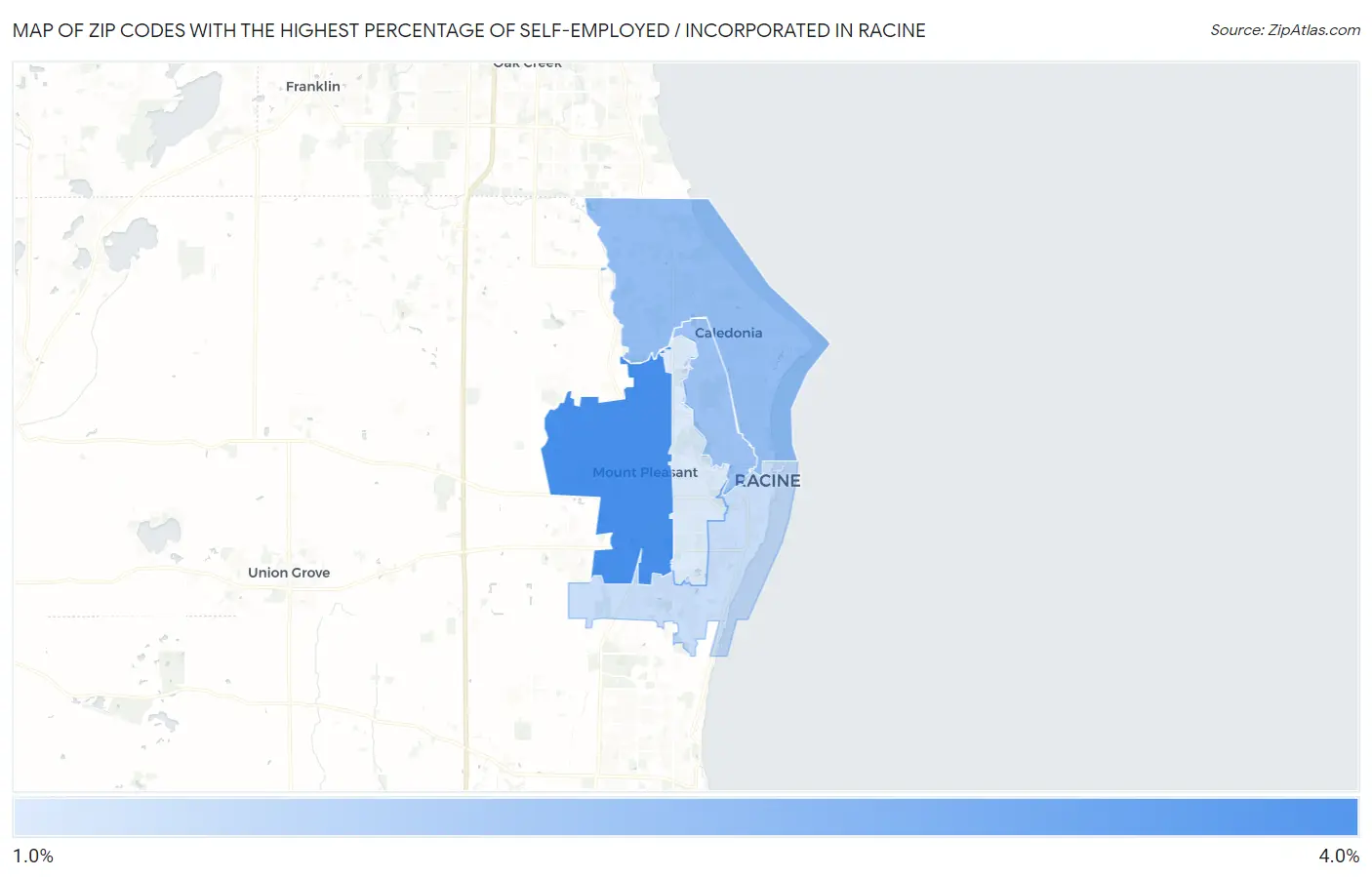 Zip Codes with the Highest Percentage of Self-Employed / Incorporated in Racine Map