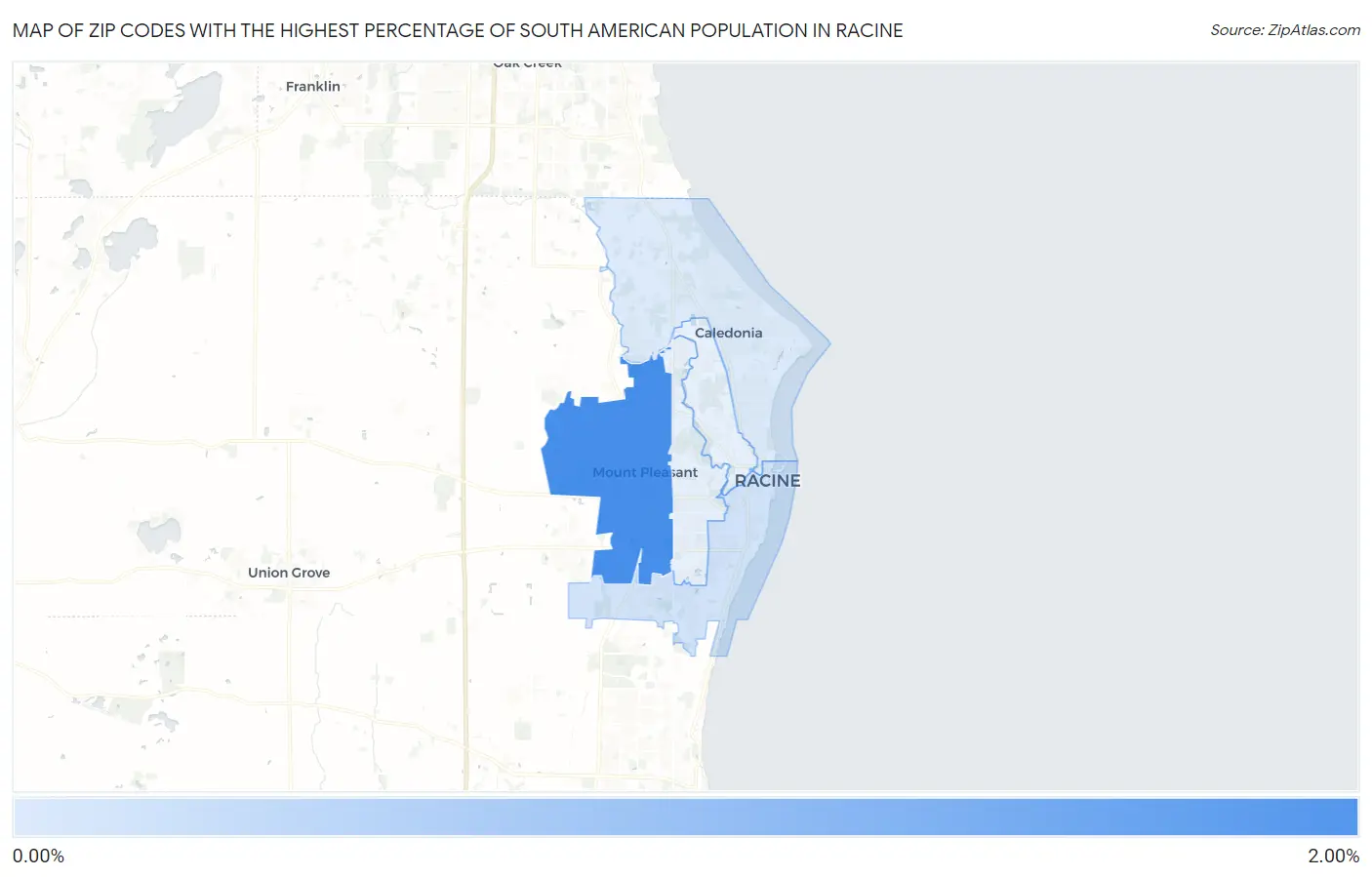 Zip Codes with the Highest Percentage of South American Population in Racine Map
