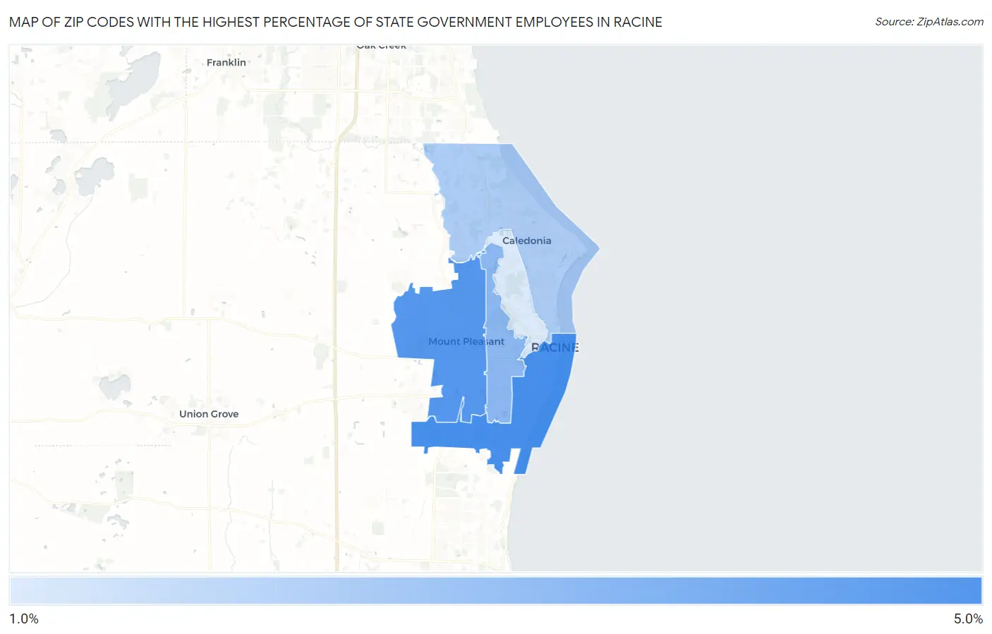 Zip Codes with the Highest Percentage of State Government Employees in Racine Map