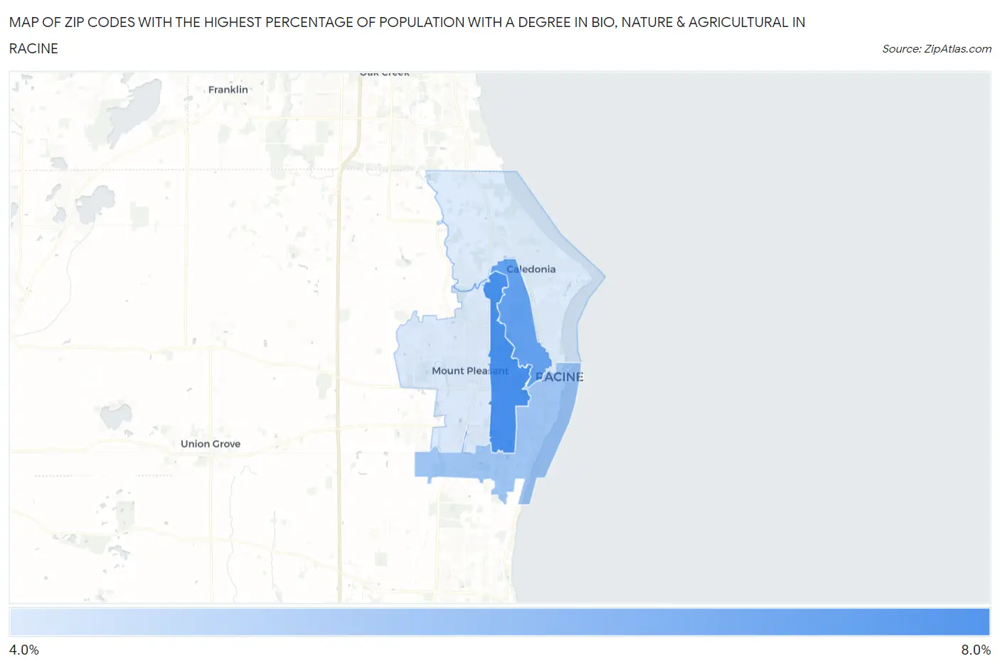 Zip Codes with the Highest Percentage of Population with a Degree in Bio, Nature & Agricultural in Racine Map