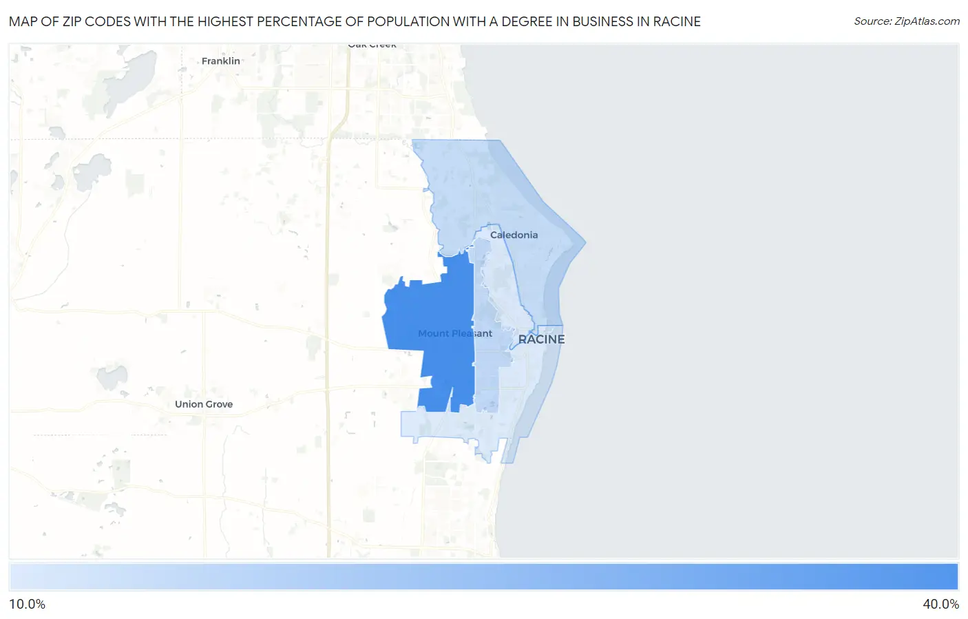 Zip Codes with the Highest Percentage of Population with a Degree in Business in Racine Map