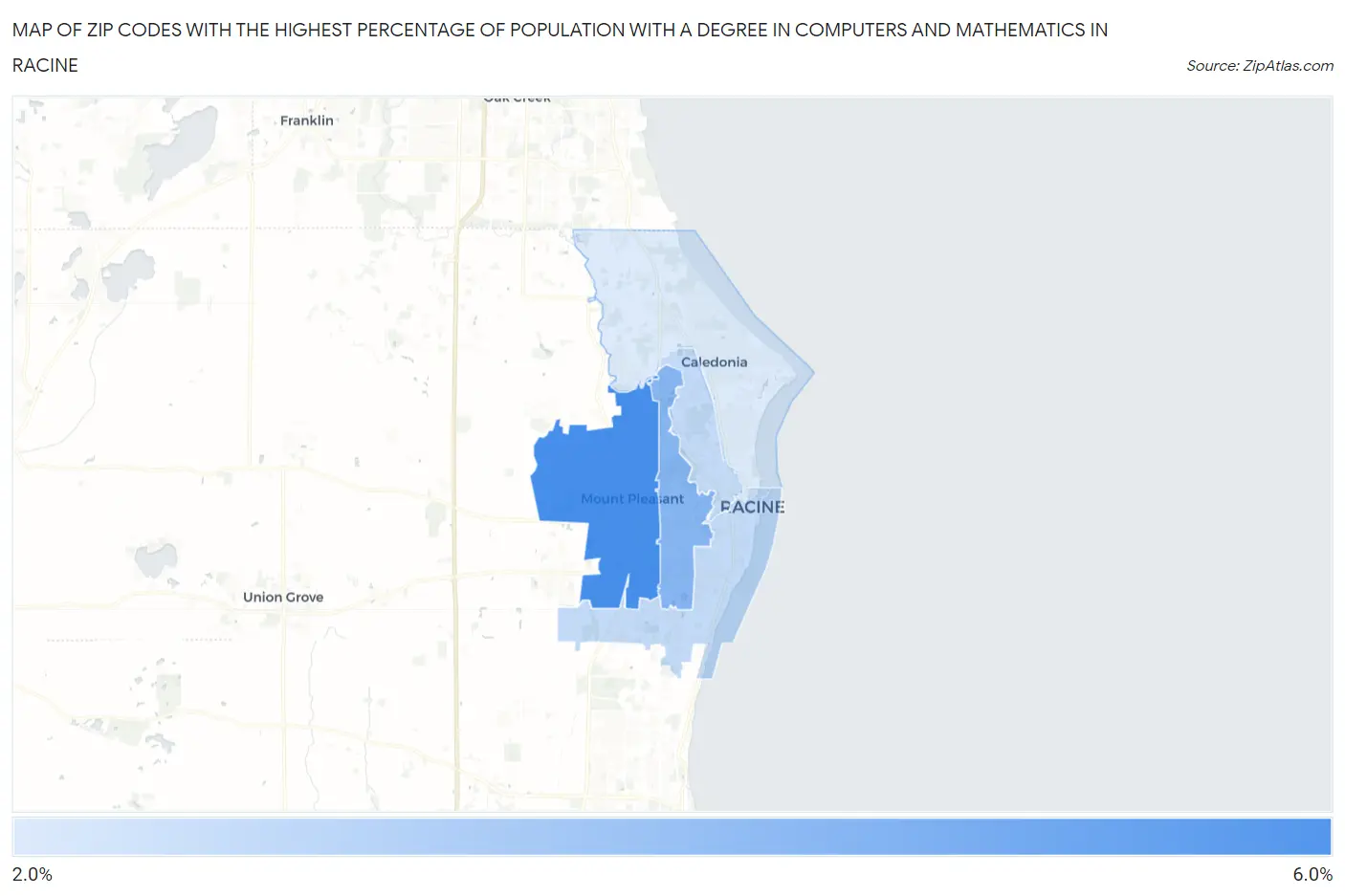 Zip Codes with the Highest Percentage of Population with a Degree in Computers and Mathematics in Racine Map
