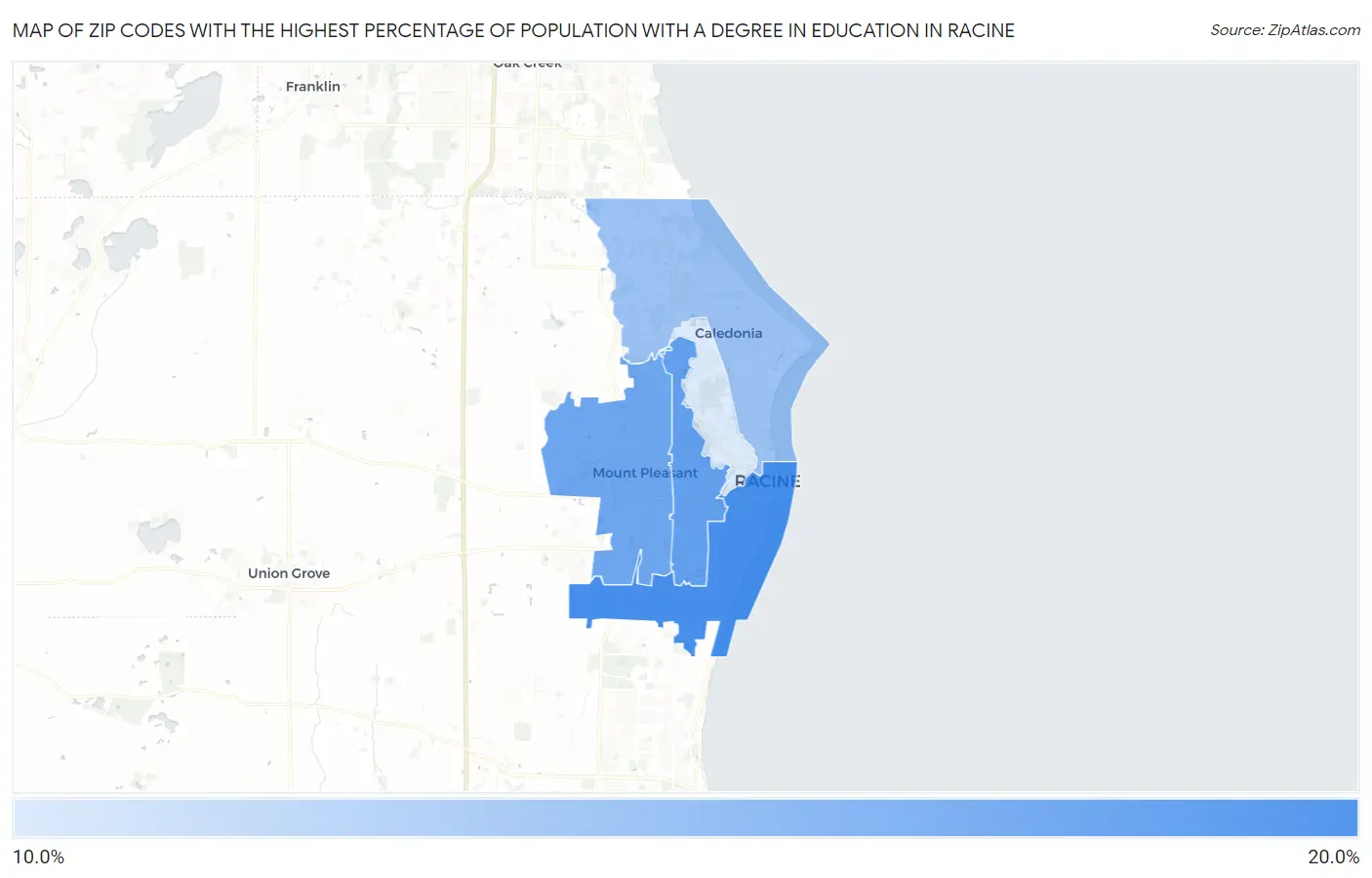Zip Codes with the Highest Percentage of Population with a Degree in Education in Racine Map