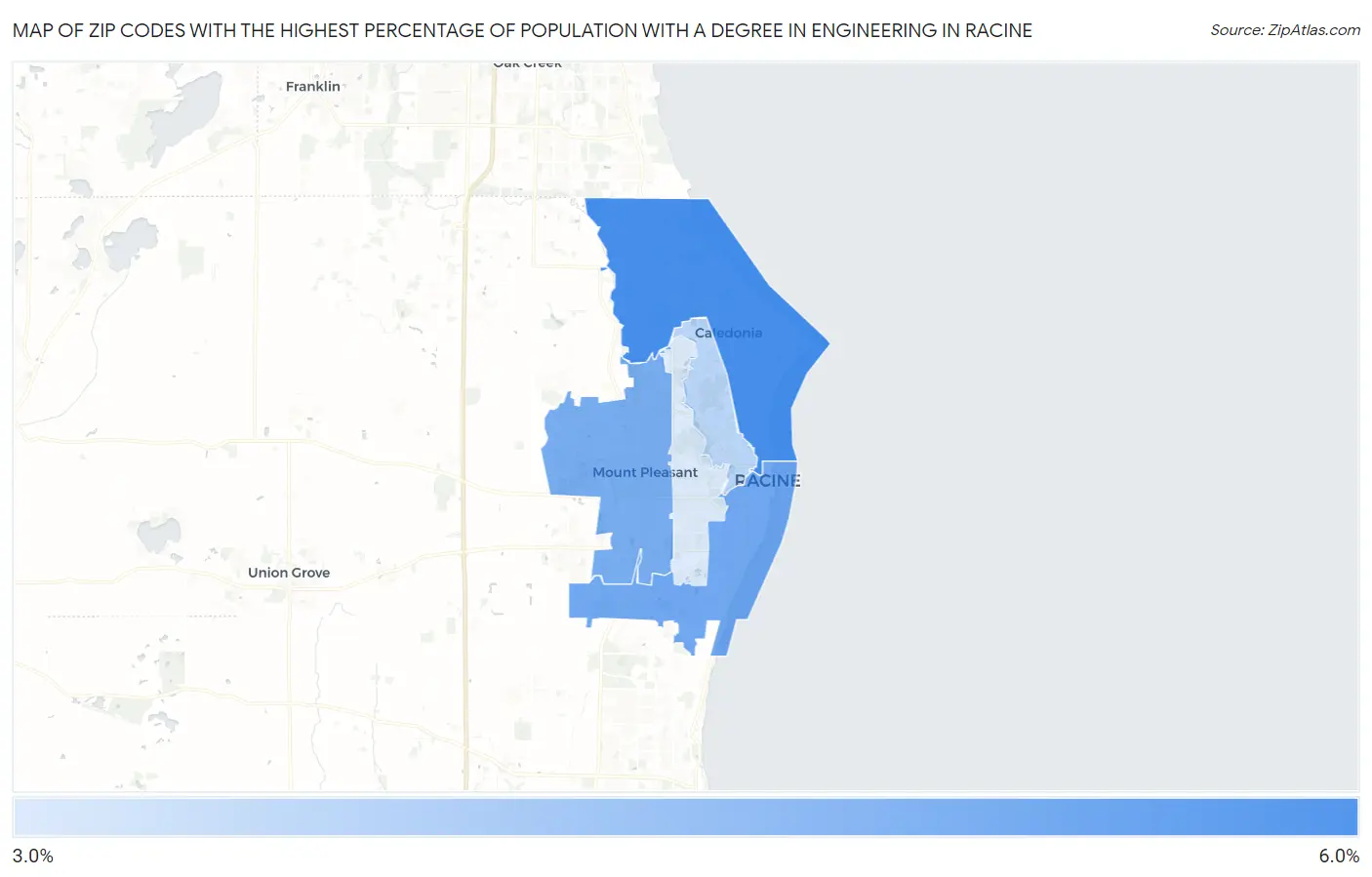 Zip Codes with the Highest Percentage of Population with a Degree in Engineering in Racine Map