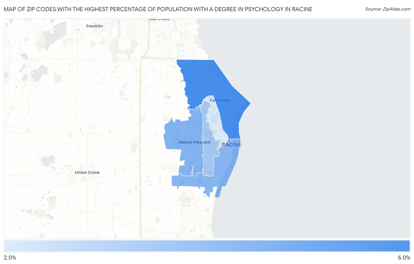 Zip Codes with the Highest Percentage of Population with a Degree in Psychology in Racine Map