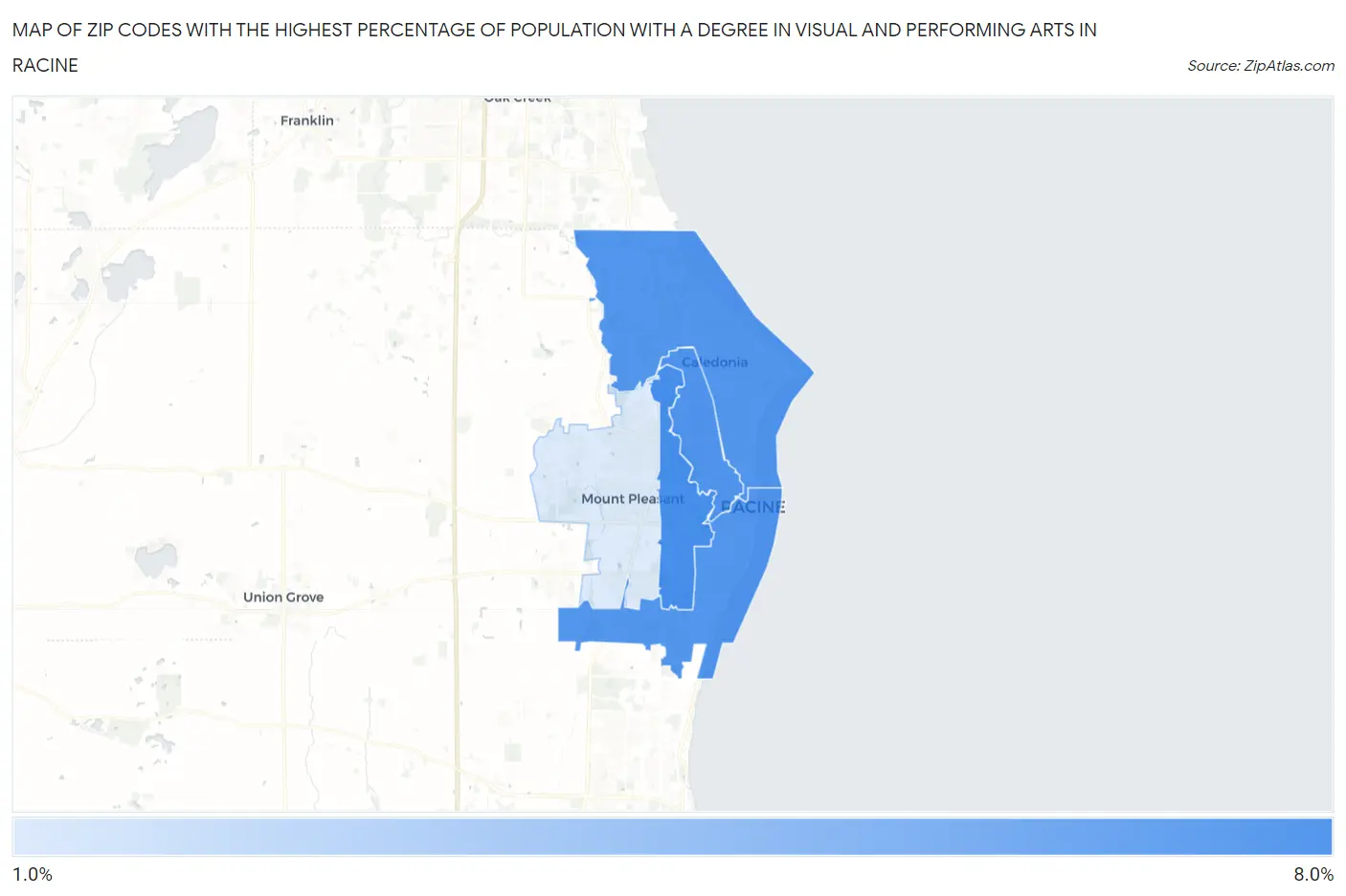Zip Codes with the Highest Percentage of Population with a Degree in Visual and Performing Arts in Racine Map