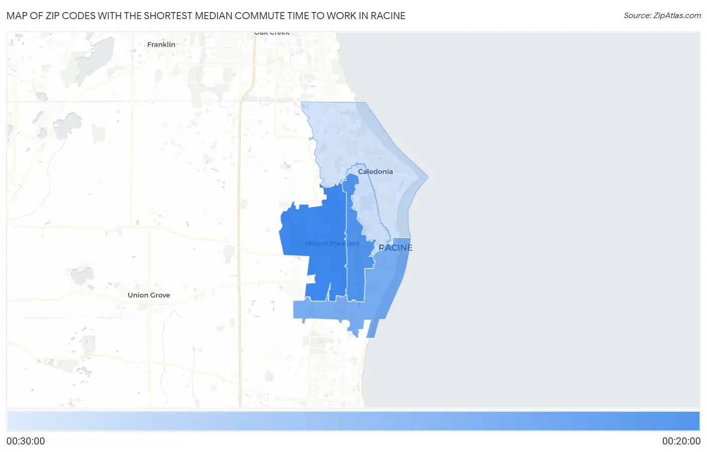 Zip Codes with the Shortest Median Commute Time to Work in Racine Map