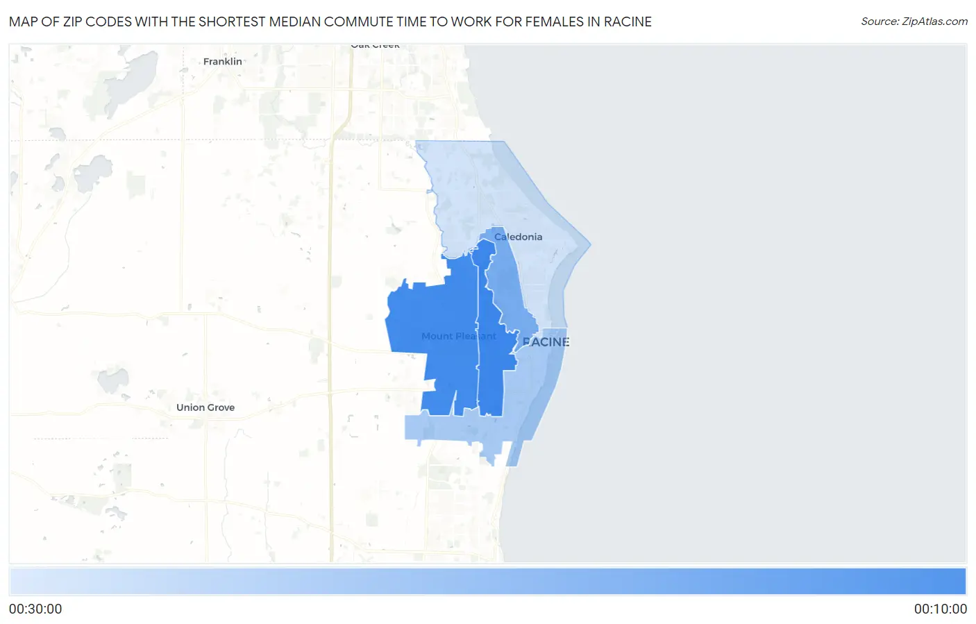 Zip Codes with the Shortest Median Commute Time to Work for Females in Racine Map