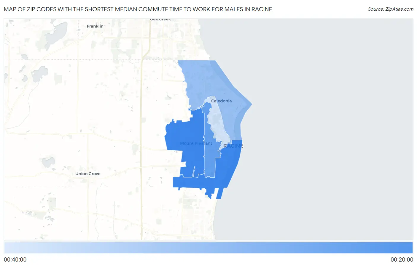 Zip Codes with the Shortest Median Commute Time to Work for Males in Racine Map