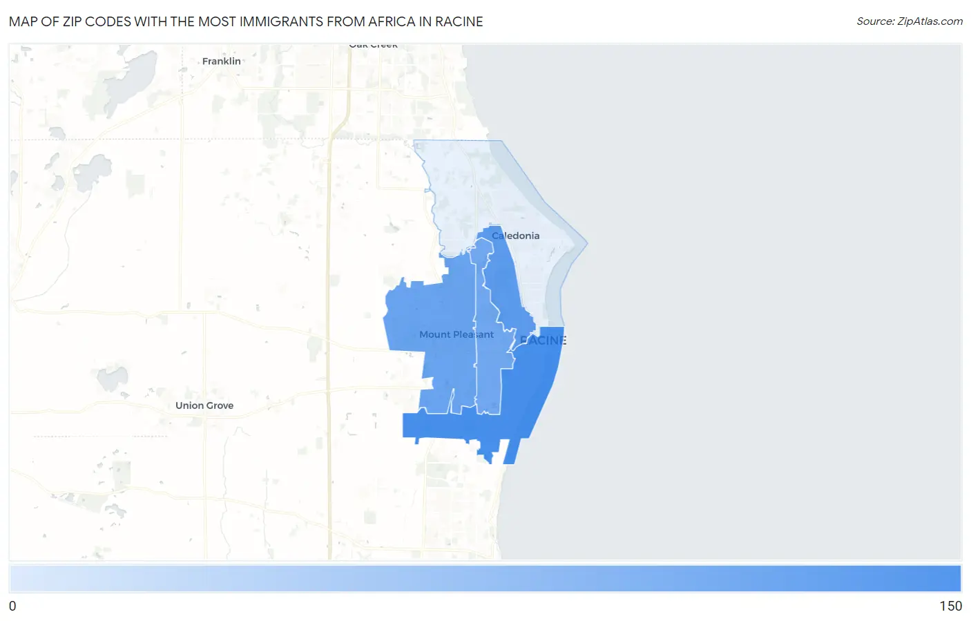 Zip Codes with the Most Immigrants from Africa in Racine Map