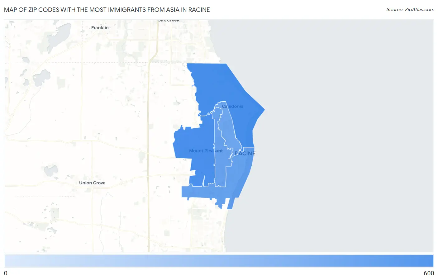 Zip Codes with the Most Immigrants from Asia in Racine Map
