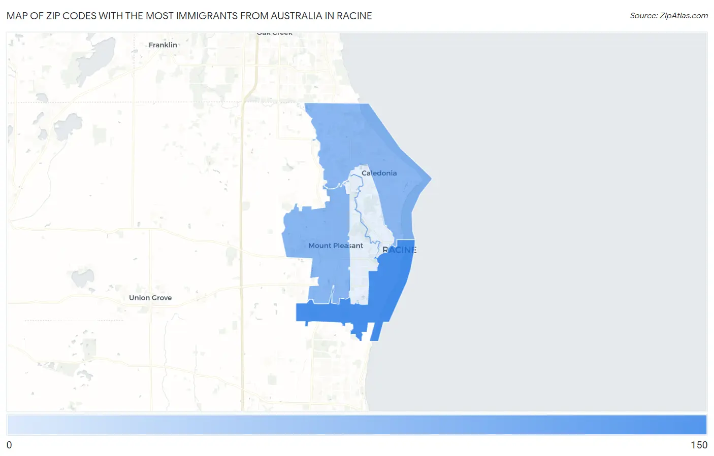 Zip Codes with the Most Immigrants from Australia in Racine Map