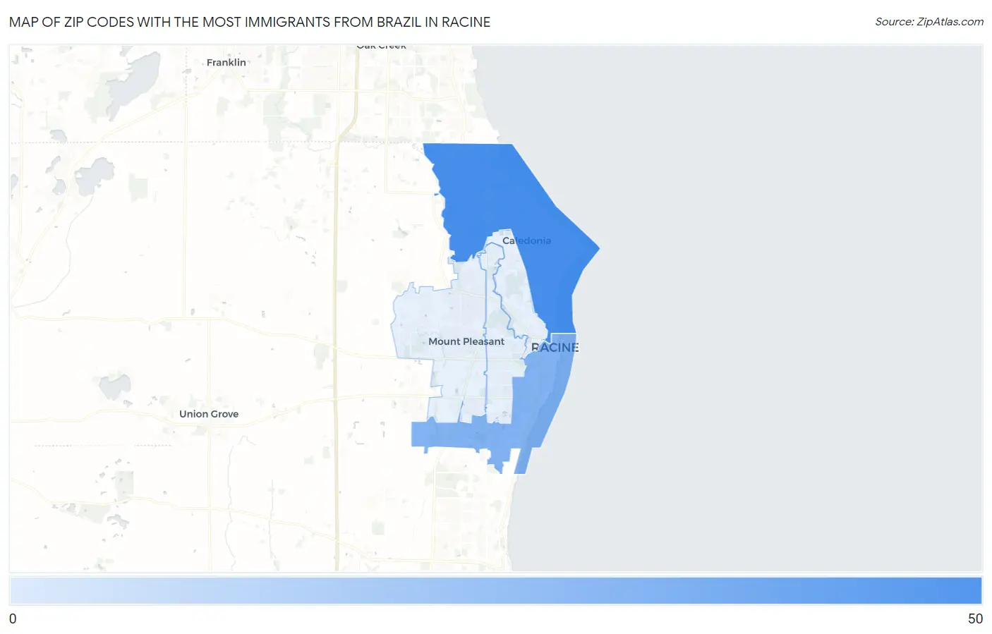 Zip Codes with the Most Immigrants from Brazil in Racine Map