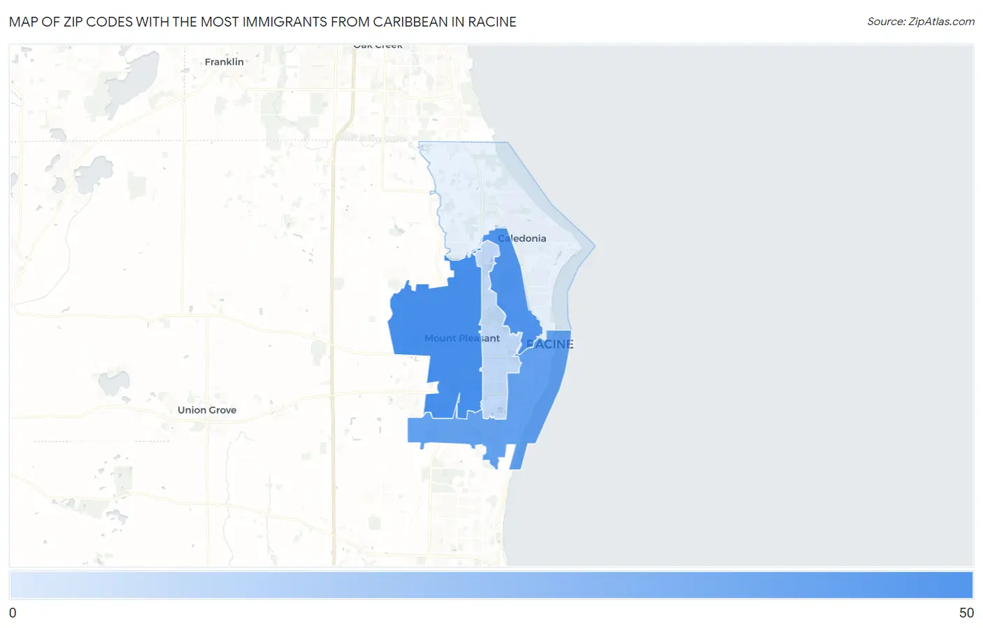 Zip Codes with the Most Immigrants from Caribbean in Racine Map