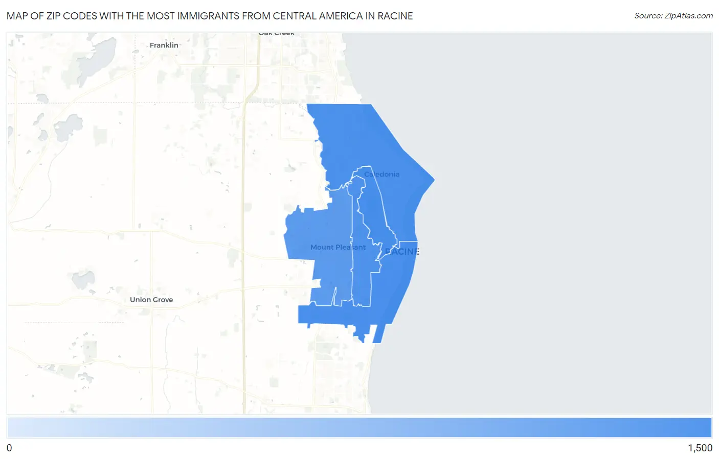 Zip Codes with the Most Immigrants from Central America in Racine Map