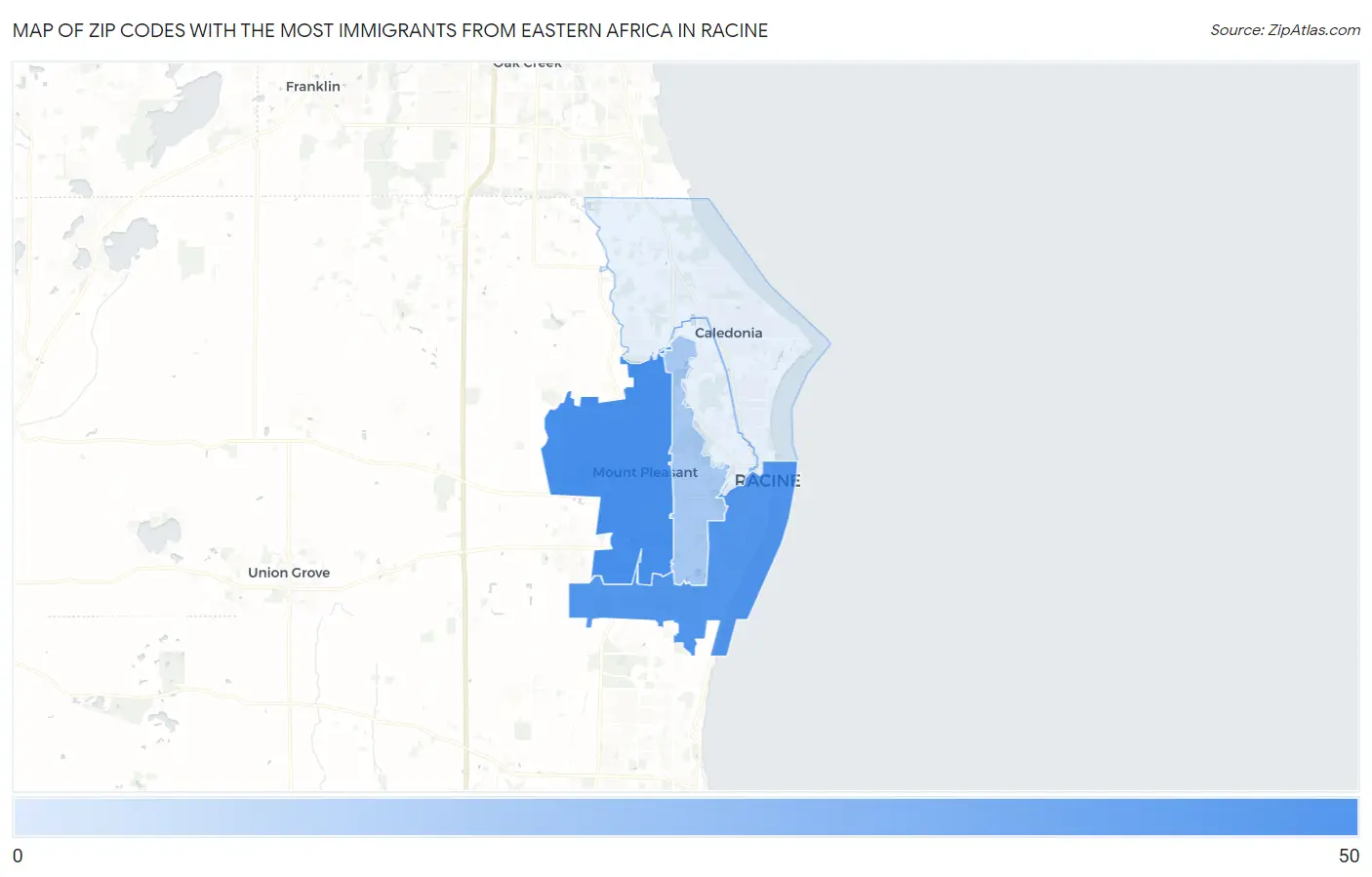 Zip Codes with the Most Immigrants from Eastern Africa in Racine Map