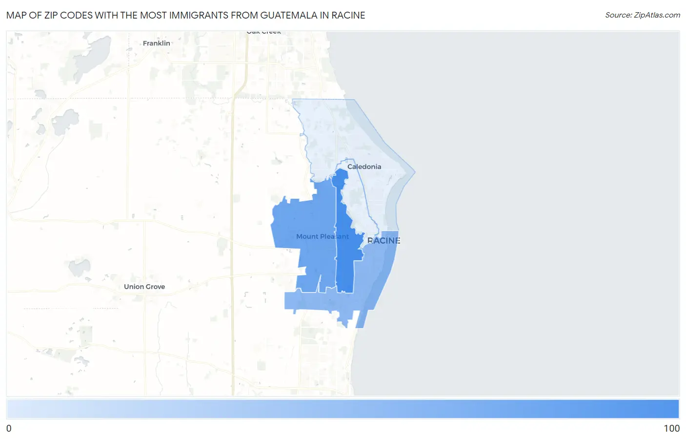Zip Codes with the Most Immigrants from Guatemala in Racine Map