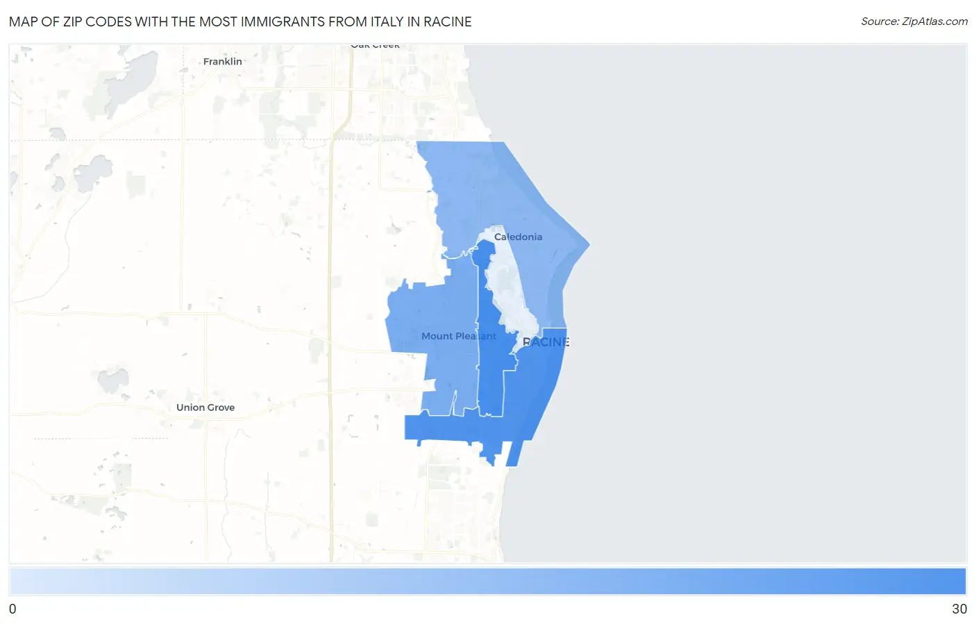 Zip Codes with the Most Immigrants from Italy in Racine Map