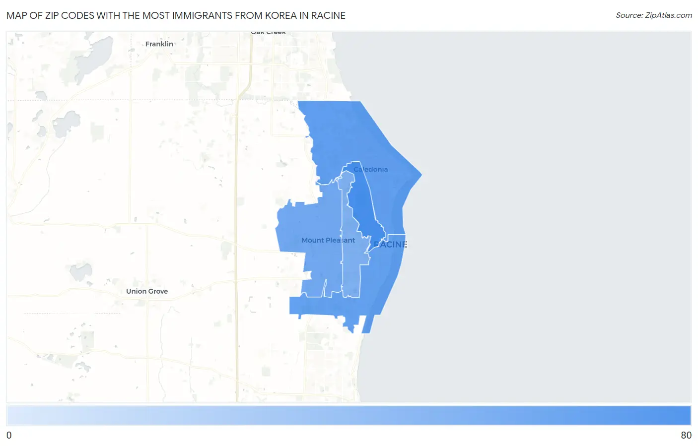 Zip Codes with the Most Immigrants from Korea in Racine Map