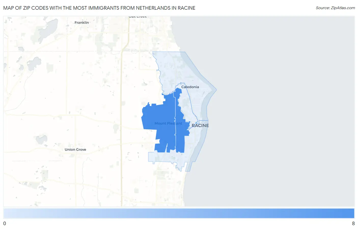 Zip Codes with the Most Immigrants from Netherlands in Racine Map
