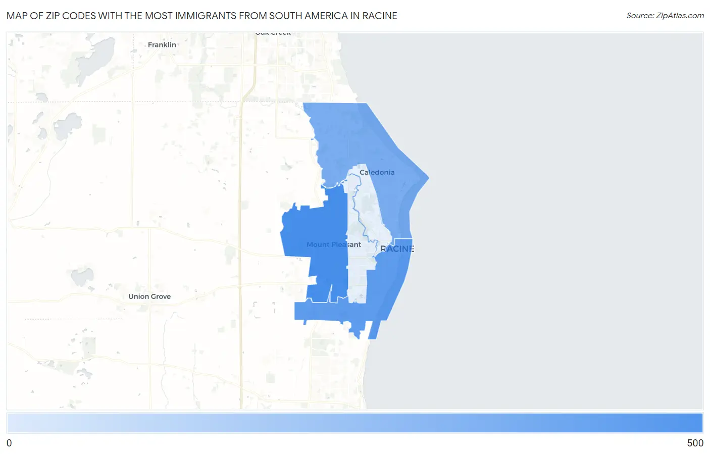 Zip Codes with the Most Immigrants from South America in Racine Map