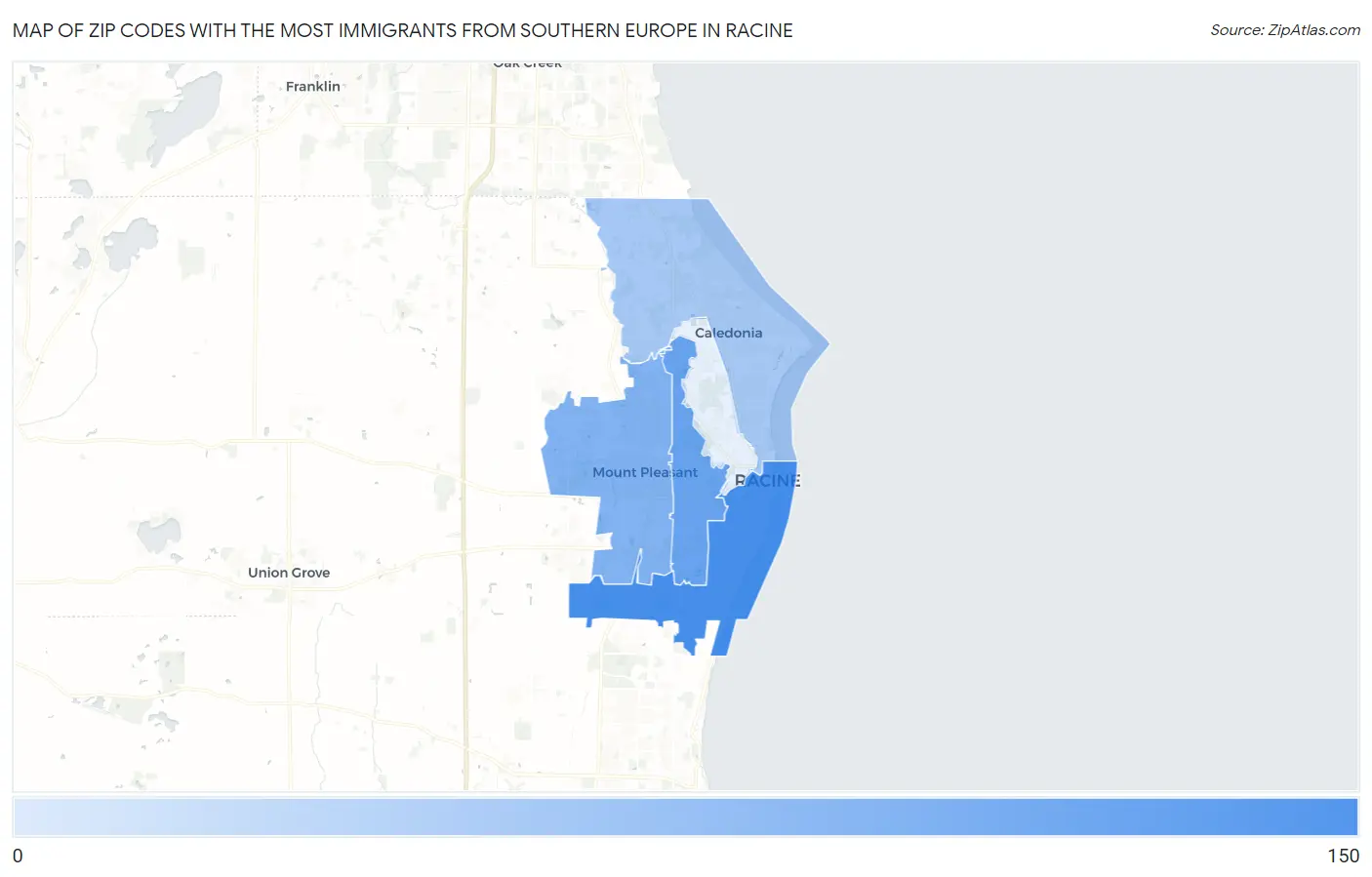 Zip Codes with the Most Immigrants from Southern Europe in Racine Map