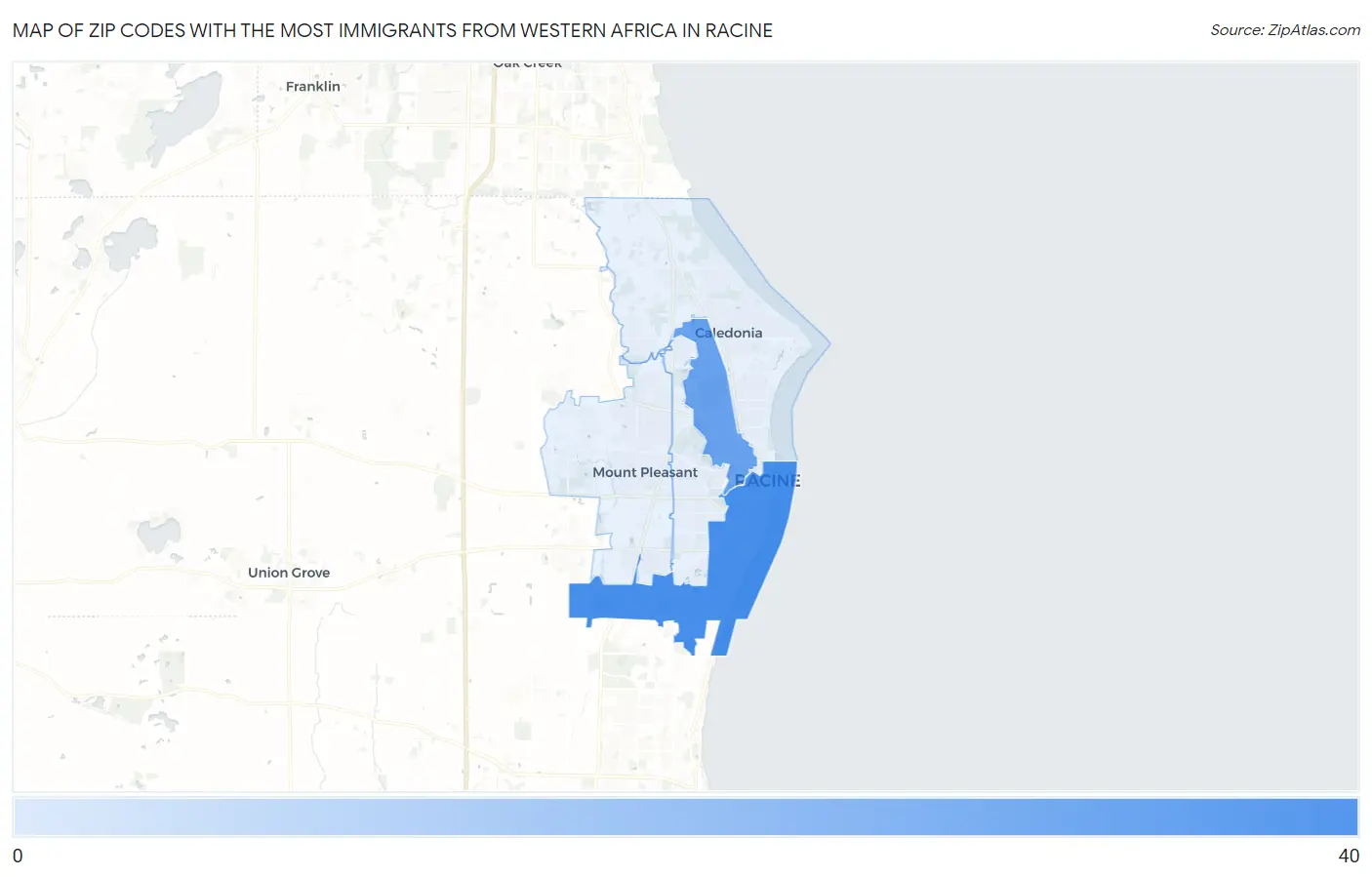 Zip Codes with the Most Immigrants from Western Africa in Racine Map