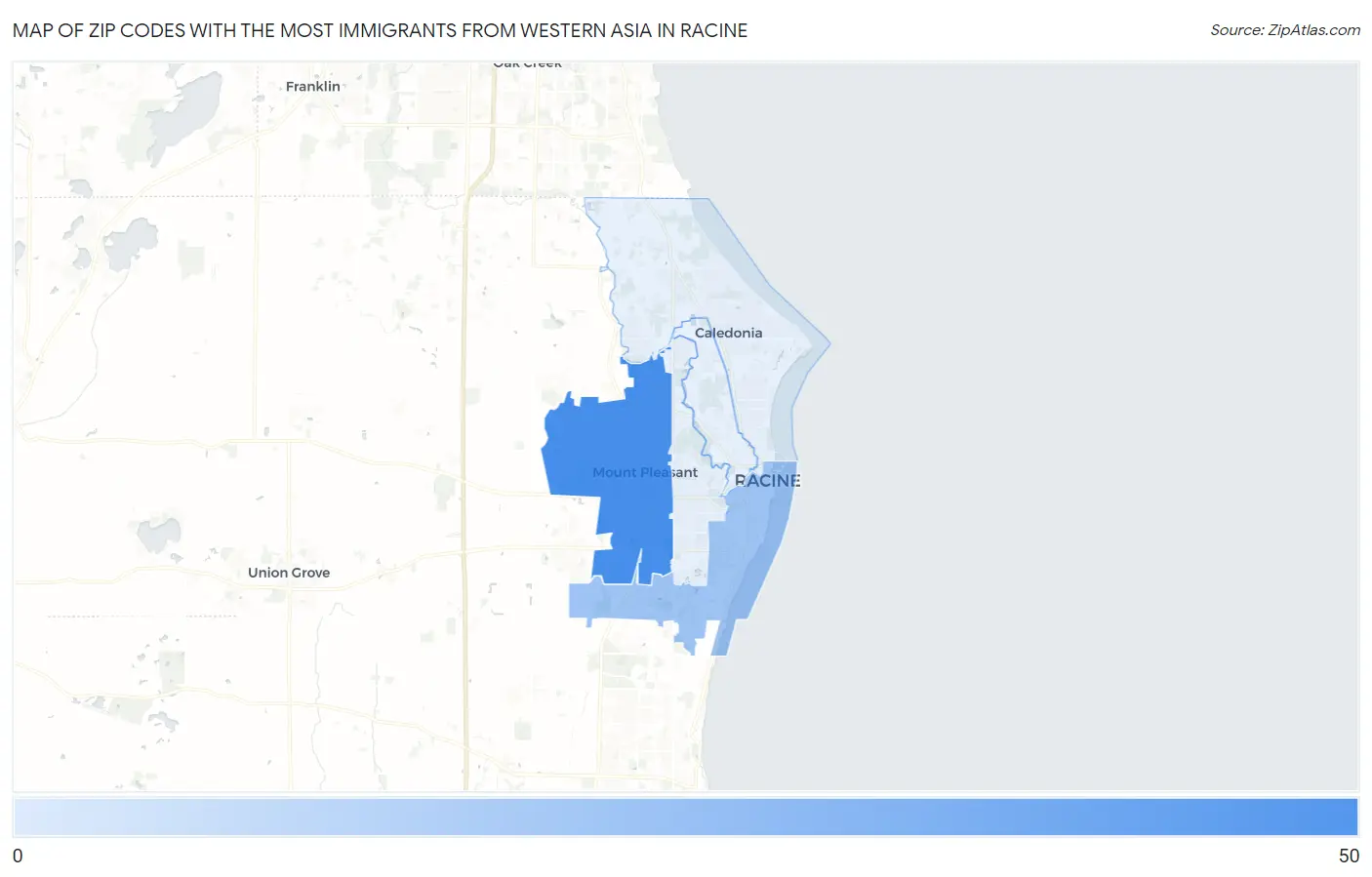 Zip Codes with the Most Immigrants from Western Asia in Racine Map